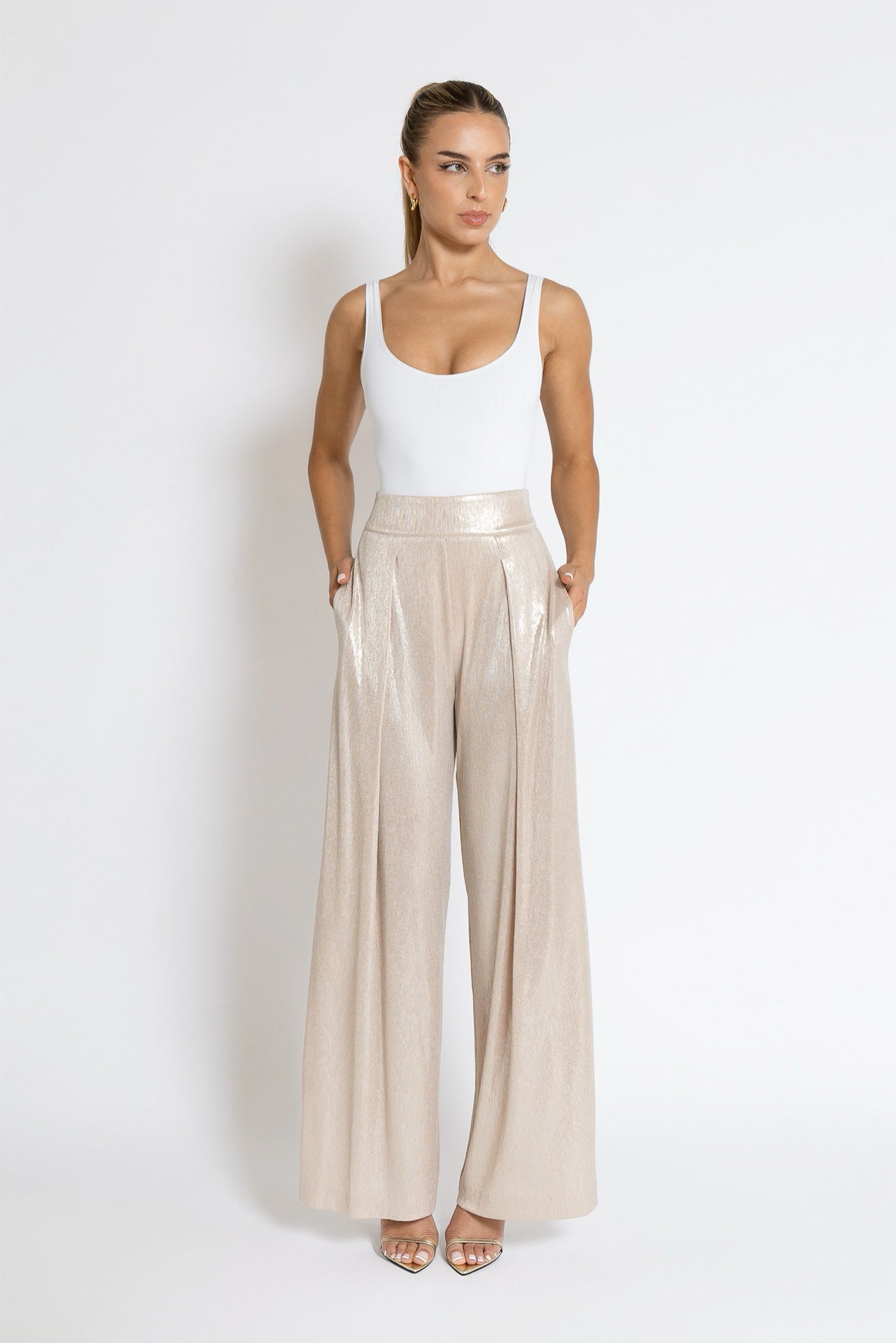 Wide Leg Pleated Pants - Gold