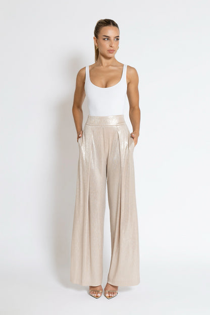 Wide Leg Pleated Pants - Gold
